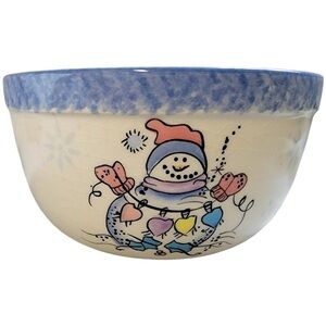 Vital Unit Snowman Mixing Bowl Vintage Holiday Ceramic Blue Rim Kitchenware